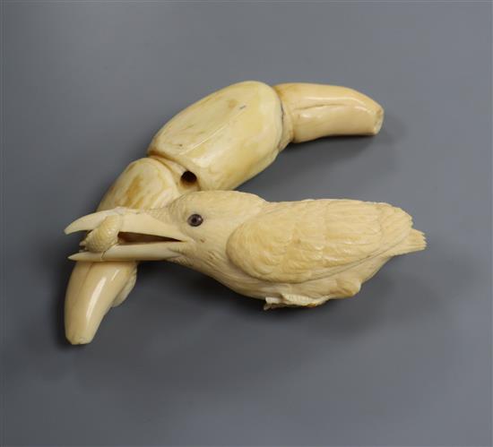 A Japanese ivory okimono of a kingfisher, early 20th century,